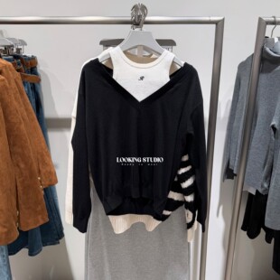 UR&DC2026春季新款高级感撞色拼接假两件设计感刺绣长袖针织衫女