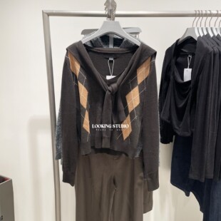 UR&DC2026春季新款设计感琥珀流光风撞色菱格假两件长袖针织衫女