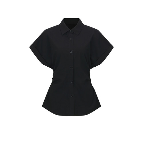 UR&DC2025夏季新款法式高级黑色褶皱收腰修身短袖衬衫女短款上衣