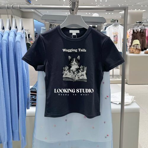 UR&DC2025夏季新款小个子趣味休闲萌宠印花圆领短袖T恤女短款上衣