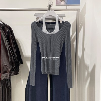 UR&DC2026春季新款气质修身潮流撞色假两件挂脖针织衫女短款上衣