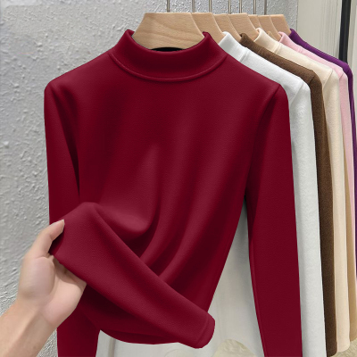 双面德绒半高领加绒加厚2025秋冬百搭打底衫女磨毛长袖t恤上衣