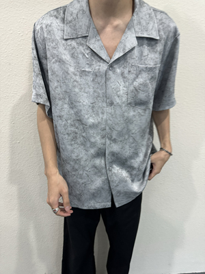 清仓价！La chute凉感雾霾蓝灰定染特殊纹路古巴领褶皱少爷感衬衫