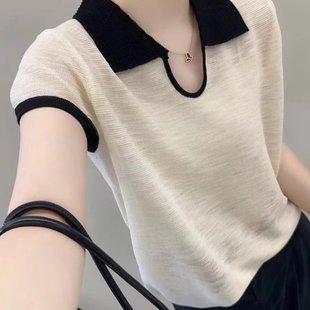 气质洋气短袖 2025夏季 小衫 新款 上衣冰丝t恤女 翻领撞色小众针织衫