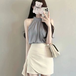 夏季 裙子 法式 初恋甜美气质欲纯风辣妹设计感小众挂脖上衣两件套装