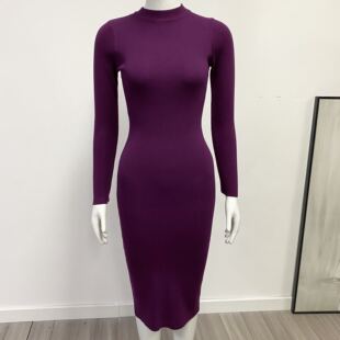 外贸原单 经典百搭打底裙收腰半高领中长款欧美S型针织长袖连衣裙