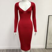 针织12针打底裙中长修身 外贸原单 优雅性感鸡心V领长袖 包臀连衣裙