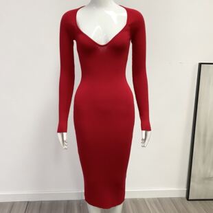 外贸原单 优雅性感鸡心V领长袖针织12针打底裙中长修身包臀连衣裙