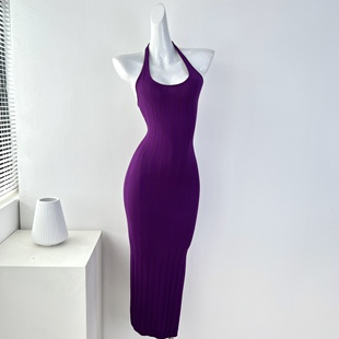 纯色弹力针织修身 性感露背挂脖式 显瘦开衩连衣裙 法式 外贸原单