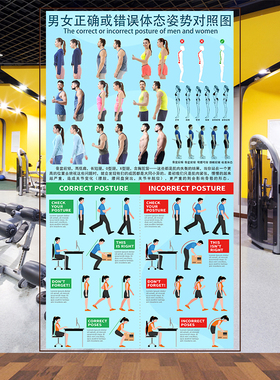 男女姿势对比图健身房体态评估矫正墙纸错误姿势不正常体态对照表
