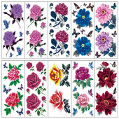 中国风花朵纹身贴防水女持久花臂性感玫瑰牡丹锁骨胸腿遮疤刺青贴