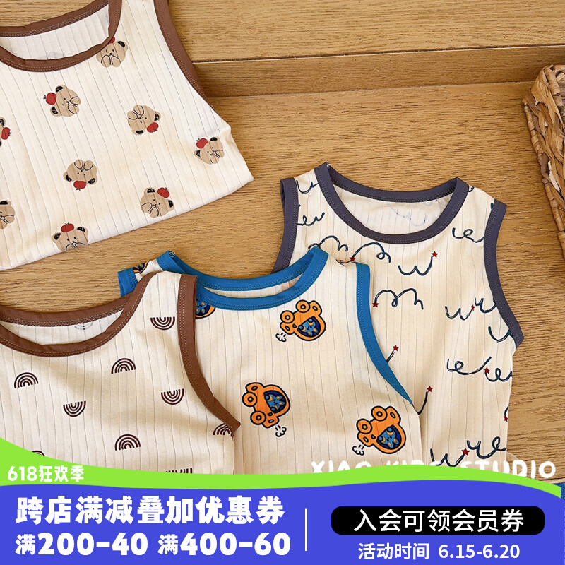 呼吸棉~b儿童夏季卡通印花家居服套装背心短裤七分袖睡衣纯棉男童