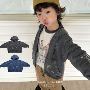 做旧风连帽开衫 时髦炒色 韩版 新品 男童拉链卫衣外套上衣 儿童秋装