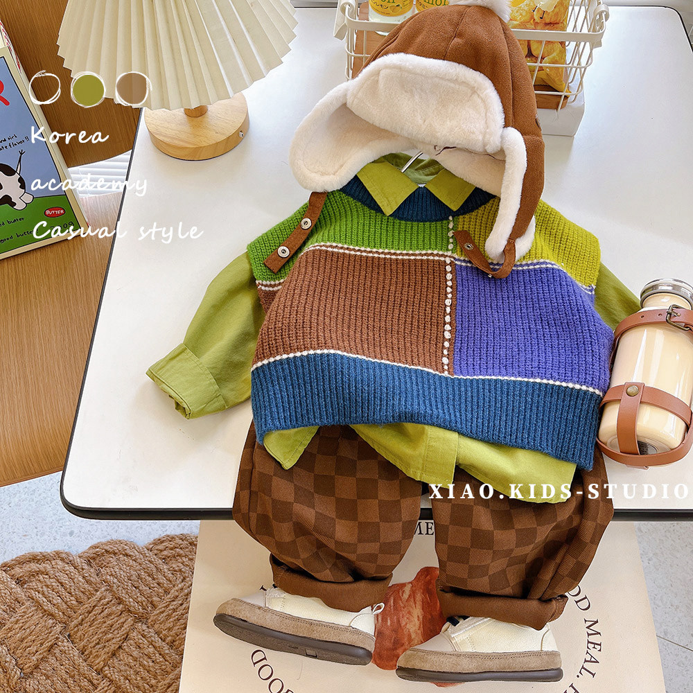 很轻软~儿童春秋宽松版彩格拼接毛线坎肩男童套头毛衣马甲针织衫