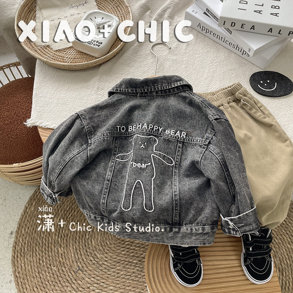 coolboy!韩版儿童小熊刺绣牛仔衣男童春秋牛仔外套宝宝翻领上衣