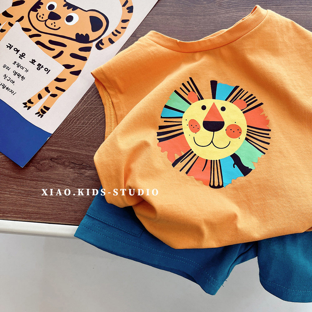 呆萌小西叽~韩版儿童夏季纯棉无袖t恤男童夏装上衣宝宝圆领背心潮