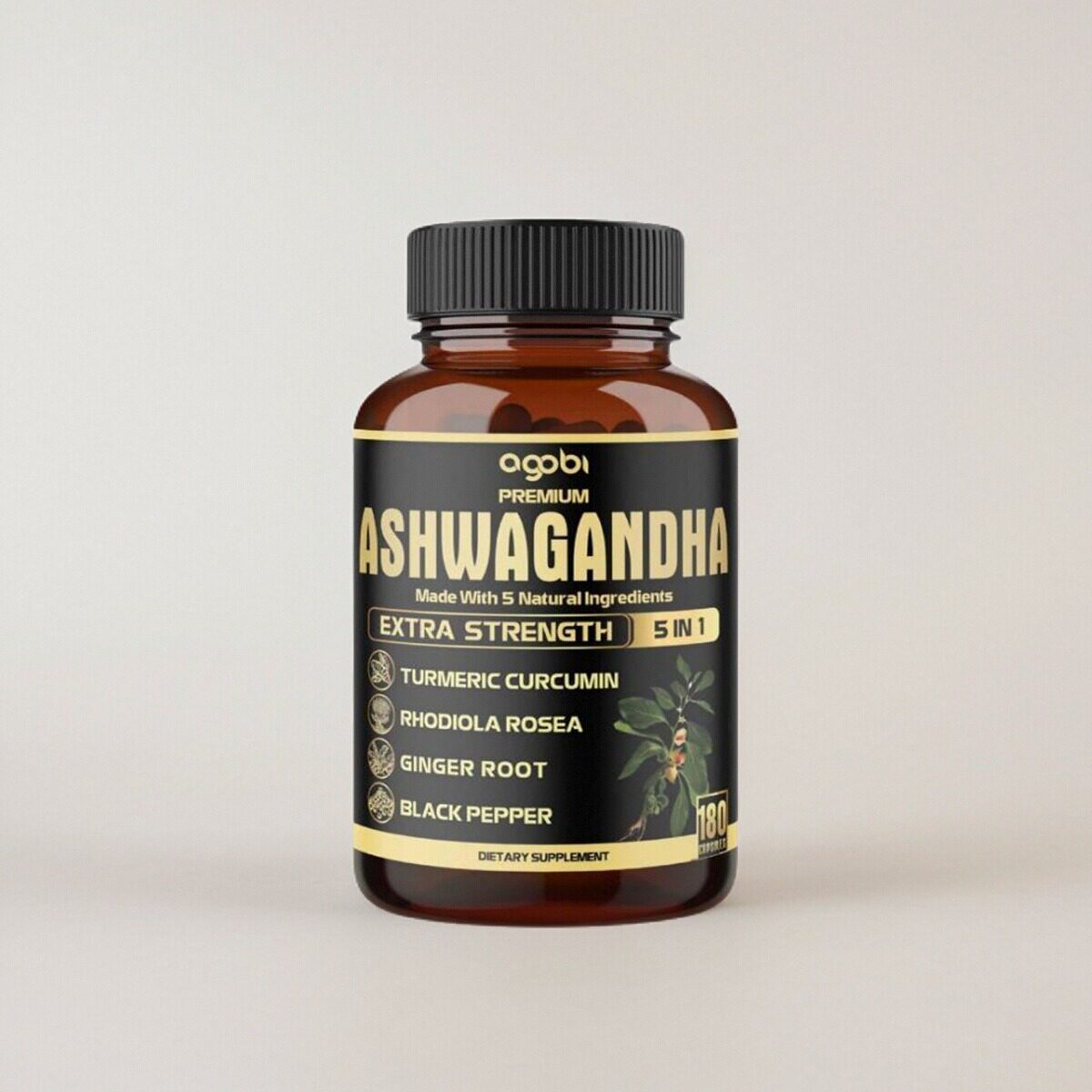 美国成人醉茄胶囊姜黄红景天生姜黑胡椒5合一睡眠Ashwagandha情绪