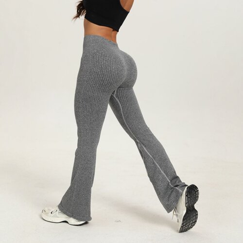 新款微喇纯色罗纹针织健身裤高腰