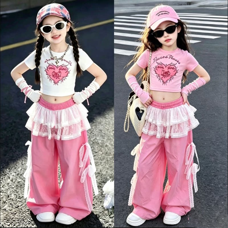 女童爵士舞演出服夏季新款爱心印花短袖套装俏皮风街舞两件套酷潮
