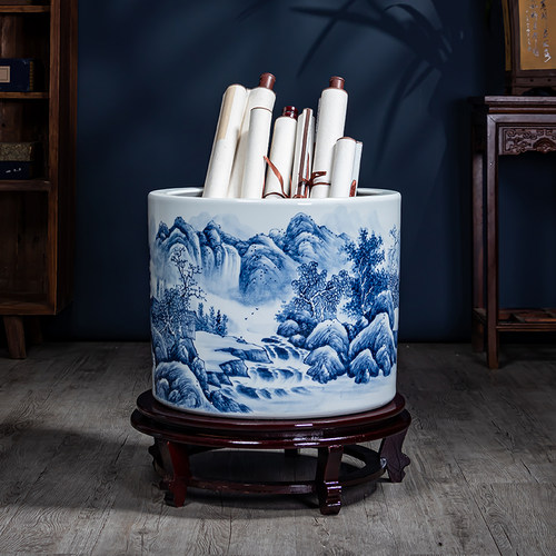 景德镇陶瓷手绘书画收纳缸客厅落地大花瓶书房字画桶中式装饰摆饰