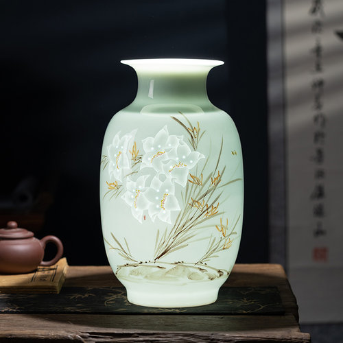 景德镇陶瓷手绘薄胎小号花瓶玲珑瓷客厅电视柜插花装饰品国风摆件