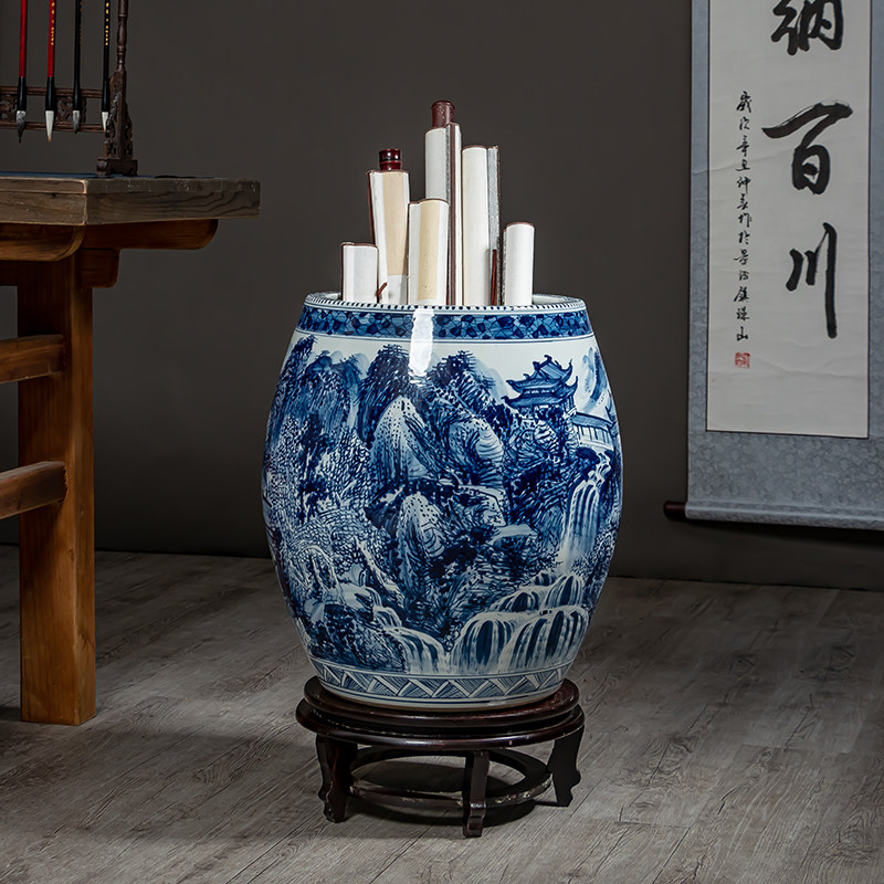 景德镇陶瓷手绘青花瓷书画卷轴缸客厅仿古花瓶书房字画收纳桶摆件