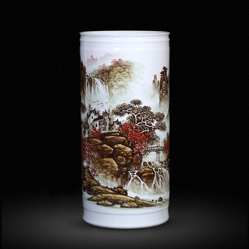 景德镇大师手绘中式落地青花瓶箭筒陶瓷书画缸客厅书房收纳桶摆件
