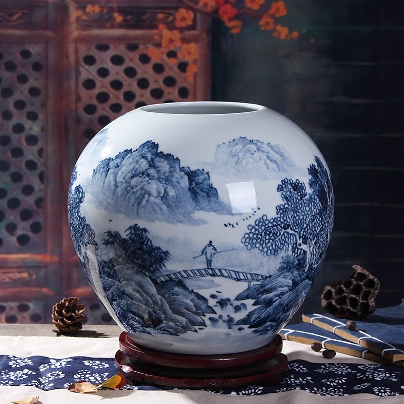 景德镇大师手绘山水图陶瓷器花瓶现代简约中式家居客厅工艺品摆件