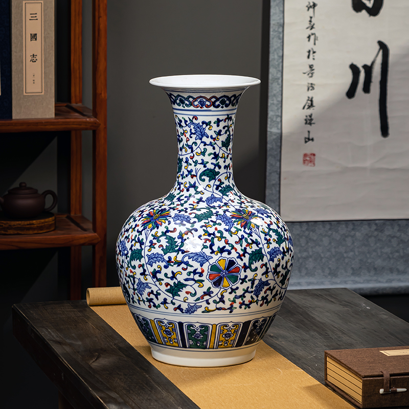 青花瓷仿古手绘花瓶景德镇陶瓷客厅电视柜中式装饰品插花大号摆件