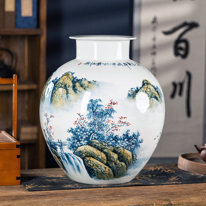 景德镇陶瓷手绘花瓶大号青花瓷客厅玄关装饰字画筒收纳缸插花摆件