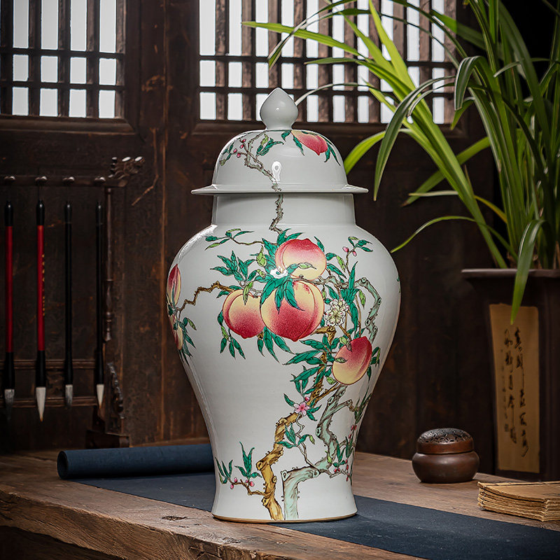景德镇陶瓷器手绘粉彩九桃将军罐花瓶家居客厅中式装饰收藏品摆件