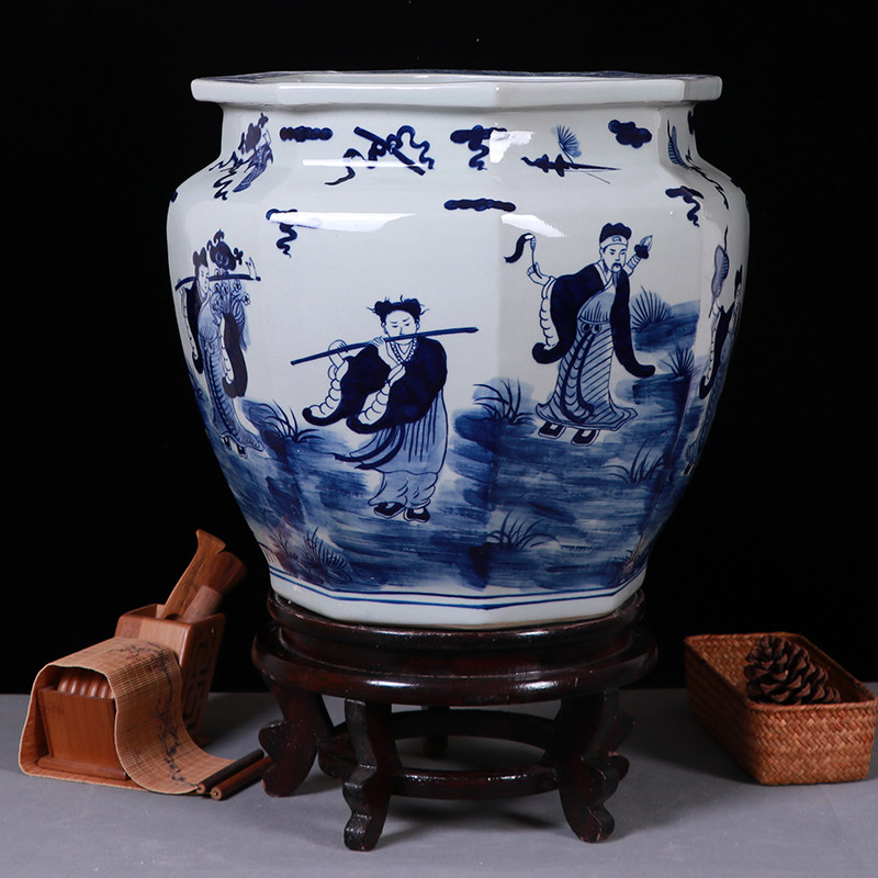 景德镇陶瓷器青花瓷书画缸卷轴收纳筒仿古字画桶家居花瓶风水摆件