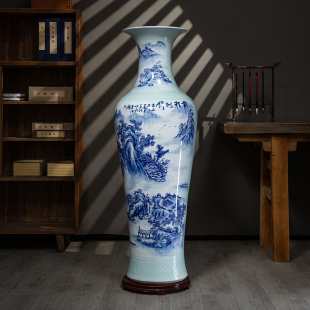 景德镇陶瓷手绘青花山水落地大花瓶客厅酒店别墅中式 饰开业摆件 装