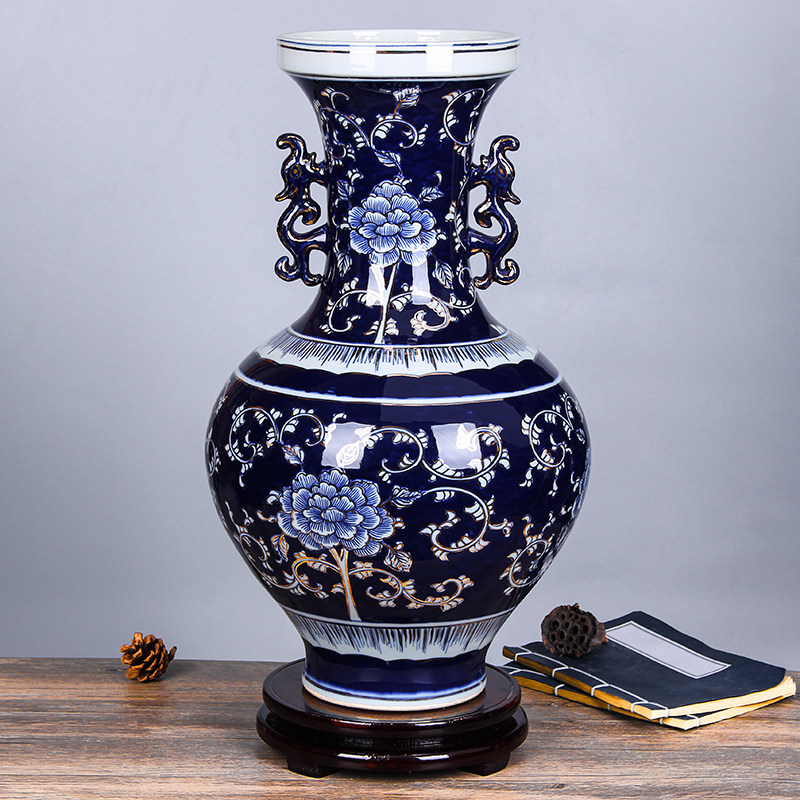 景德镇高档手绘描金仿古双耳青花瓷陶瓷花瓶家居客厅玄关装饰摆件