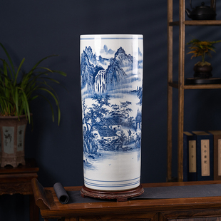 景德镇陶瓷青花落地大号花瓶箭筒客厅电视柜中式 饰字画收纳摆件 装