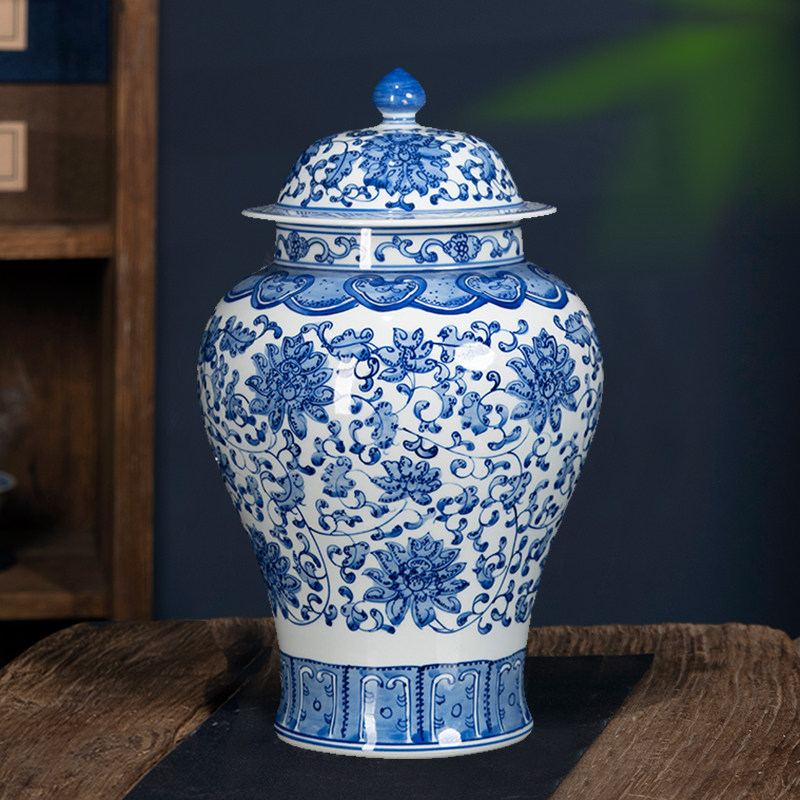 景德镇陶瓷器仿古青花缠枝莲将军罐花瓶家居客厅玄关中式装饰摆件,家居饰品,花瓶,淘宝优惠券,粉丝福利购,淘宝优惠卷