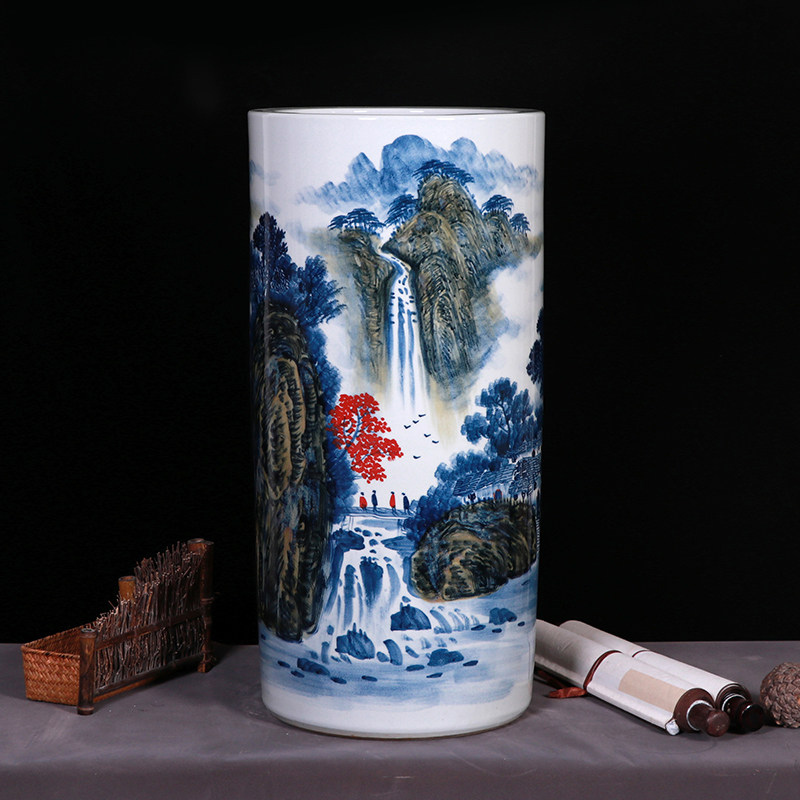 景德镇陶瓷手绘落地箭筒大花瓶中式书房客厅书画缸卷轴缸瓷器摆件