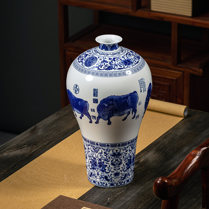 景德镇陶瓷器五牛图花瓶客厅电视柜玄关新中式家居装饰品插花摆件