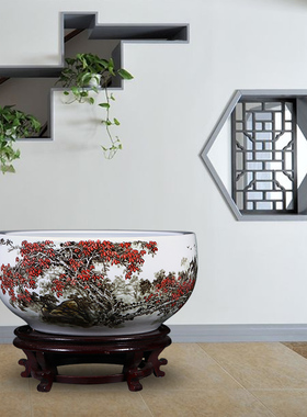 景德镇陶瓷鱼缸创意家居客厅圆形大龟缸金鱼缸睡莲荷花盆书房摆件