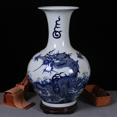 景德镇陶瓷器仿古青花瓷龙纹大花瓶客厅插花现代中式家居装饰摆件