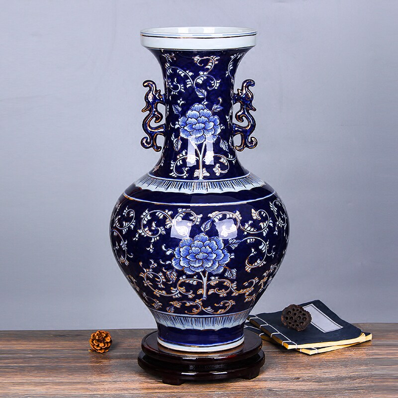 景德镇仿古青花陶瓷高档手绘描金双耳花瓶新中式家居摆件送礼收藏