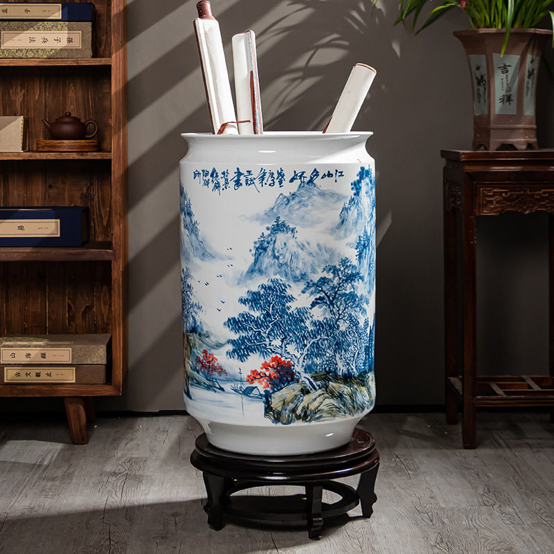 景德镇陶瓷手绘青花瓷书画卷轴缸客厅仿古花瓶书房字画桶中式摆件,家居饰品,花瓶,淘宝优惠券,粉丝福利购,淘宝优惠卷