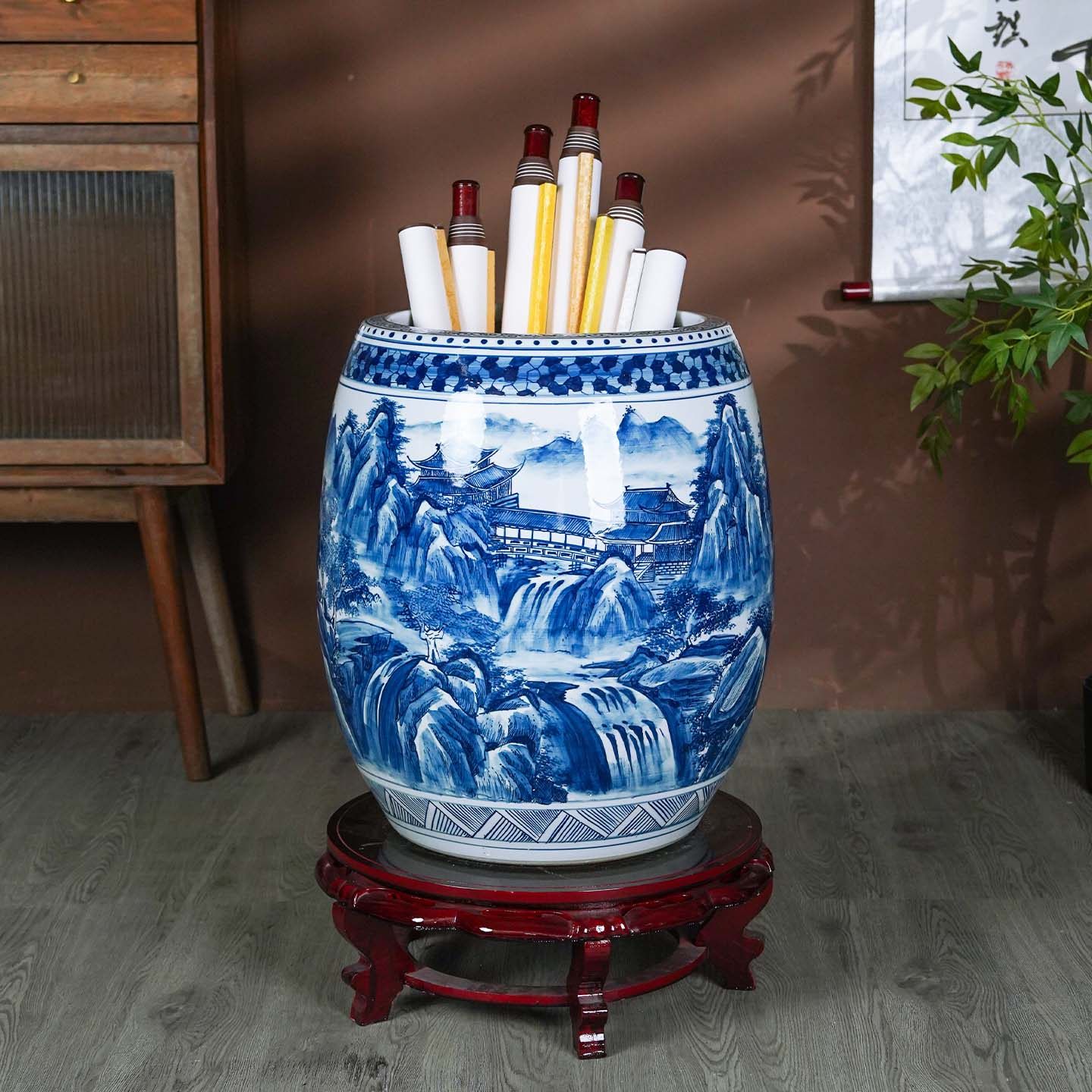 景德镇陶瓷手绘青花瓷落地书画卷轴缸花瓶客厅书房字画收纳桶摆件