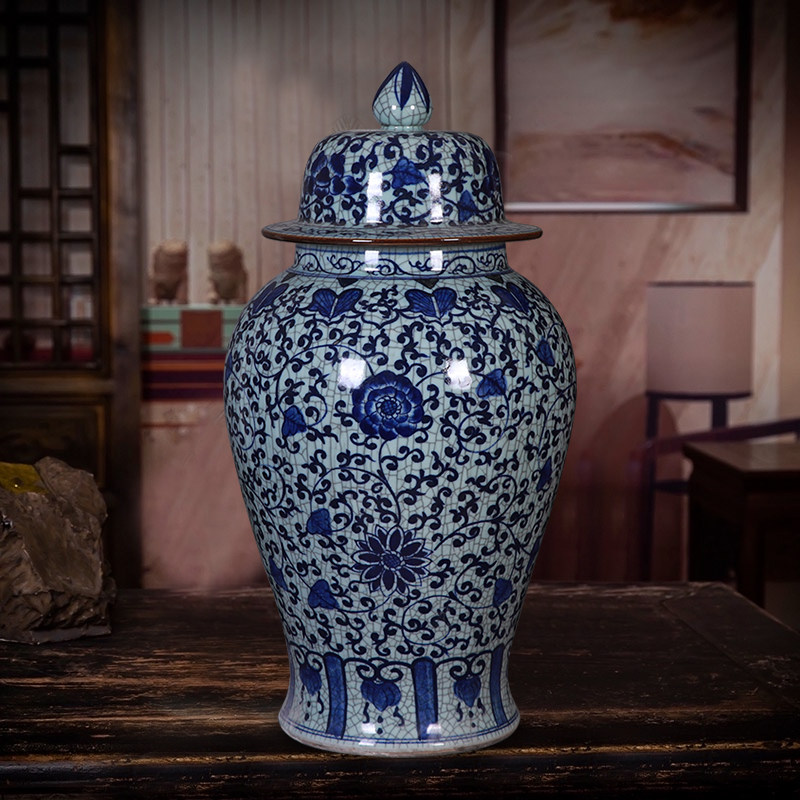景德镇陶瓷手绘青花裂纹釉将军罐客厅仿古储物罐落地花瓶装饰摆件,家居饰品,花瓶,淘宝优惠券,粉丝福利购,淘宝优惠卷