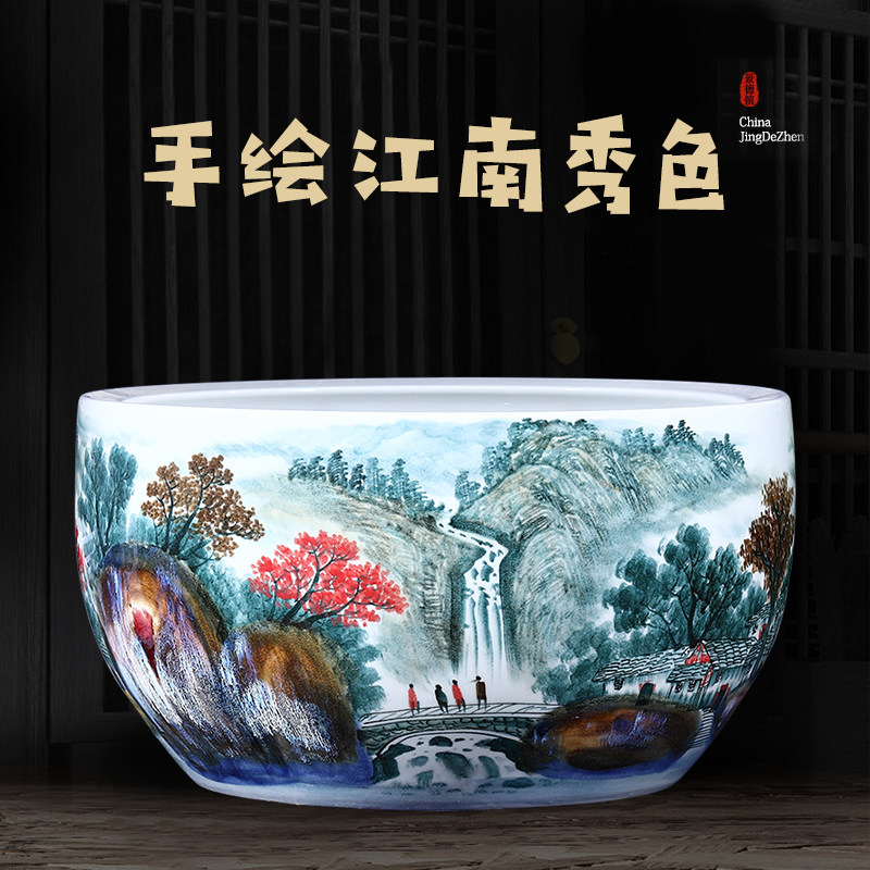 景德镇手绘陶瓷金鱼缸睡碗莲荷花盆养乌龟缸客厅阳台庭院风水摆件