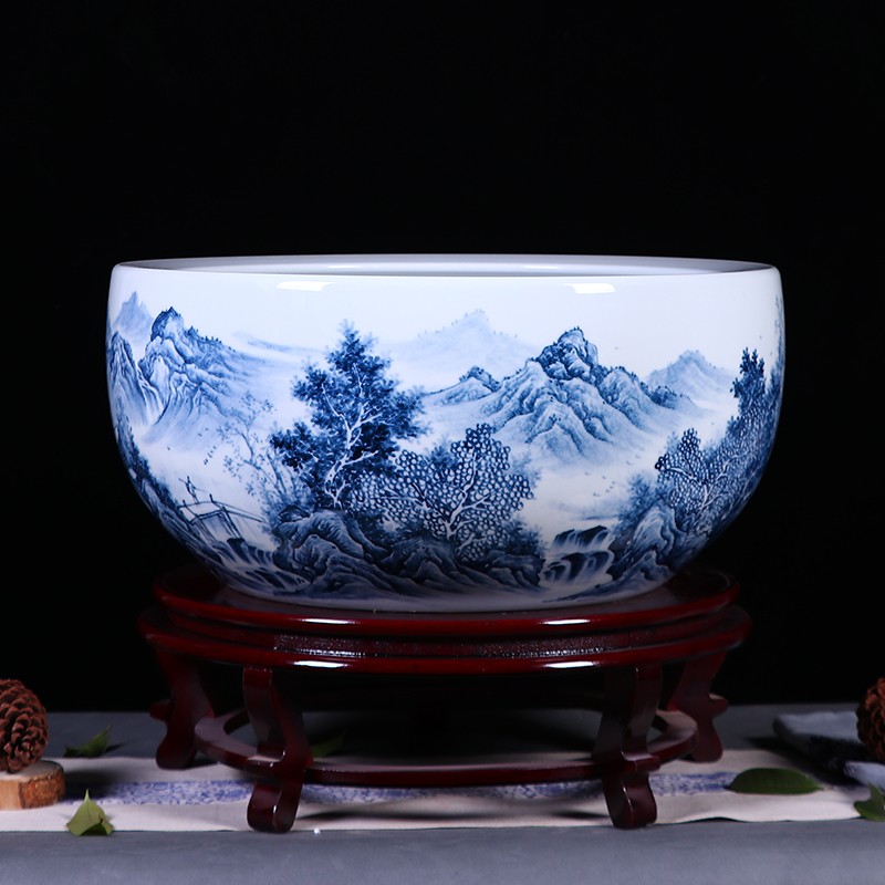 景德镇陶瓷鱼缸名家手绘山水画水缸新中式家居客厅装饰品风水摆件图片