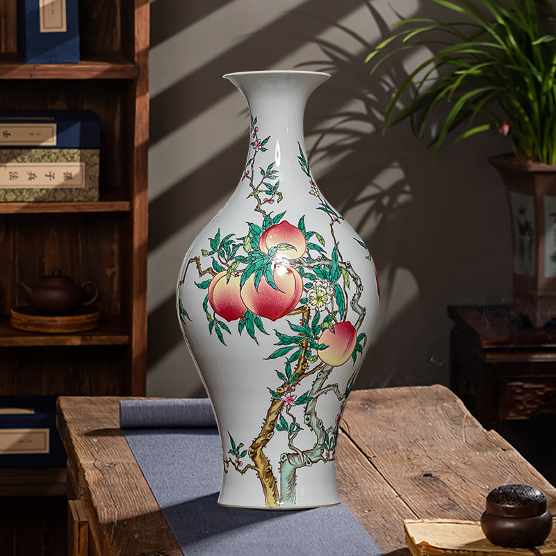 景德镇陶瓷器仿古手绘粉彩寿桃花瓶家居客厅玄关中式装饰收藏摆件