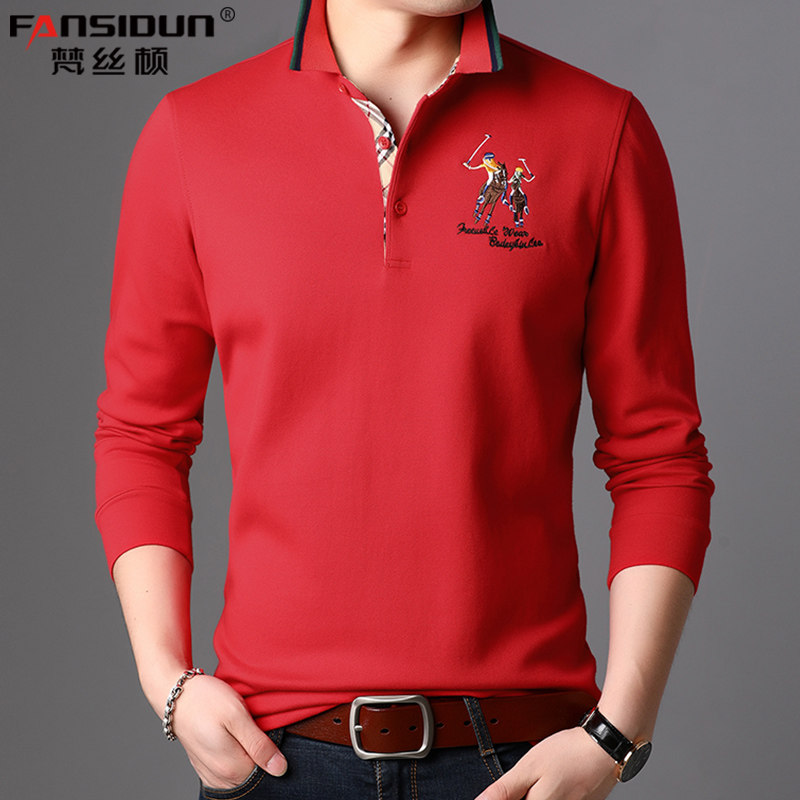 POLO衫男长袖t恤春秋薄款本历年本命年红色衣服休闲潮带领纯棉t桖
