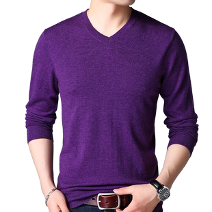 男士羊毛衫纯羊毛线衫春秋季轻薄款针织毛衣鸡心领V领亮色打底衫