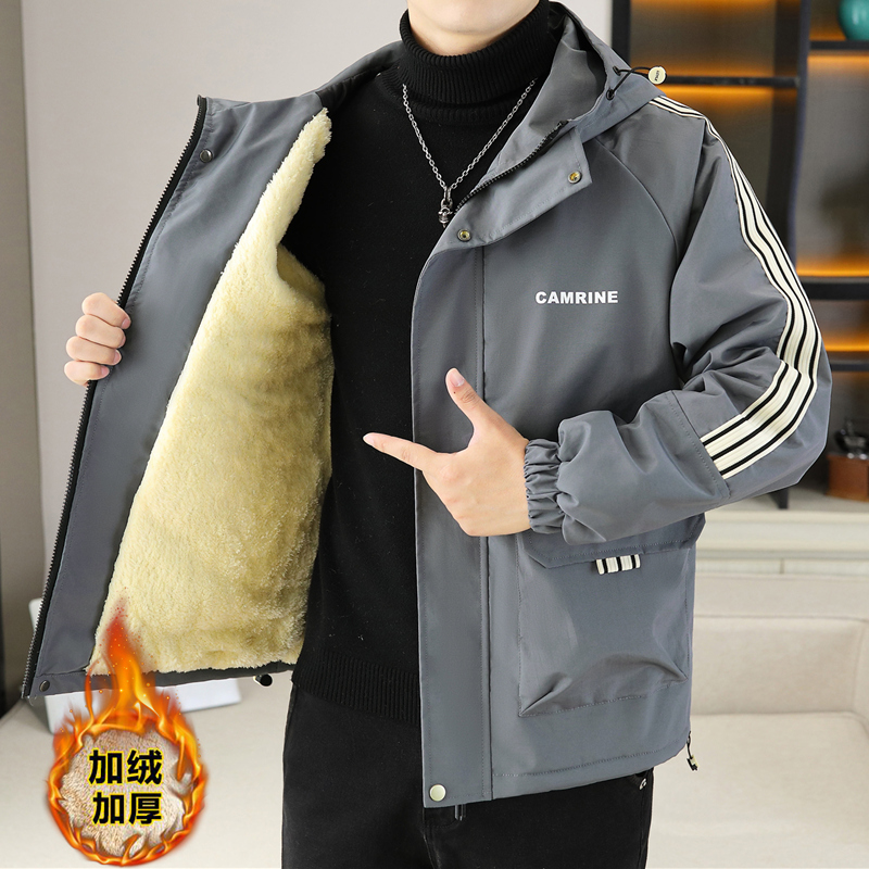 加绒加厚保暖连帽外套男